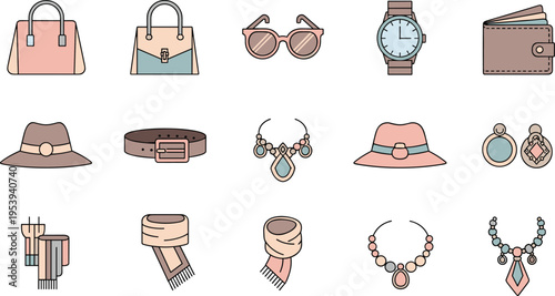 Stylish Fashion Accessories Collection Featuring Handbags Sunglasses Watch Wallet Hat Belt Necklace Earrings and Modern Apparel Elements Vector Illustration Set
