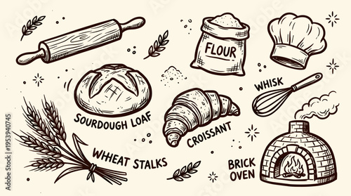 Hand drawn bakery elements collection with bread flour and baking tools