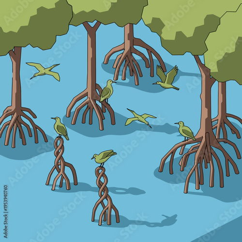 Illustration of mangrove trees with exposed roots and several green birds flying and perched.