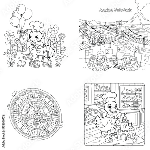 Happy duckling chef with ingredients in kitchen with black and white