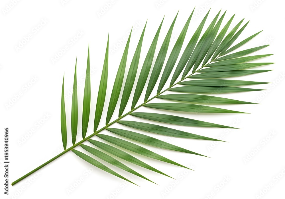 Fototapeta premium A green palm leaf on a white background