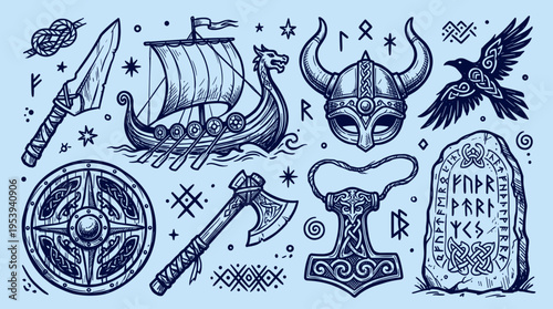 Set of Viking symbols and traditional Scandinavian elements hand drawn illustration