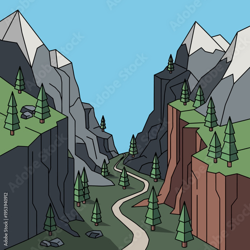 An illustration of a winding road through a canyon, with mountains and trees.
