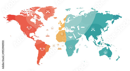 Colorful world map with geopolitical regions highlighted in red, orange, and teal on a white background with a flat design style.