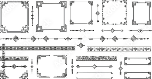 Decorative vintage frames and borders with geometric ornaments, elegant line art corners and dividers, classic black vector illustration set