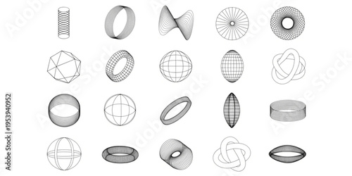 Various geometric shapes are displayed on a clean surface in a graphic design setting.