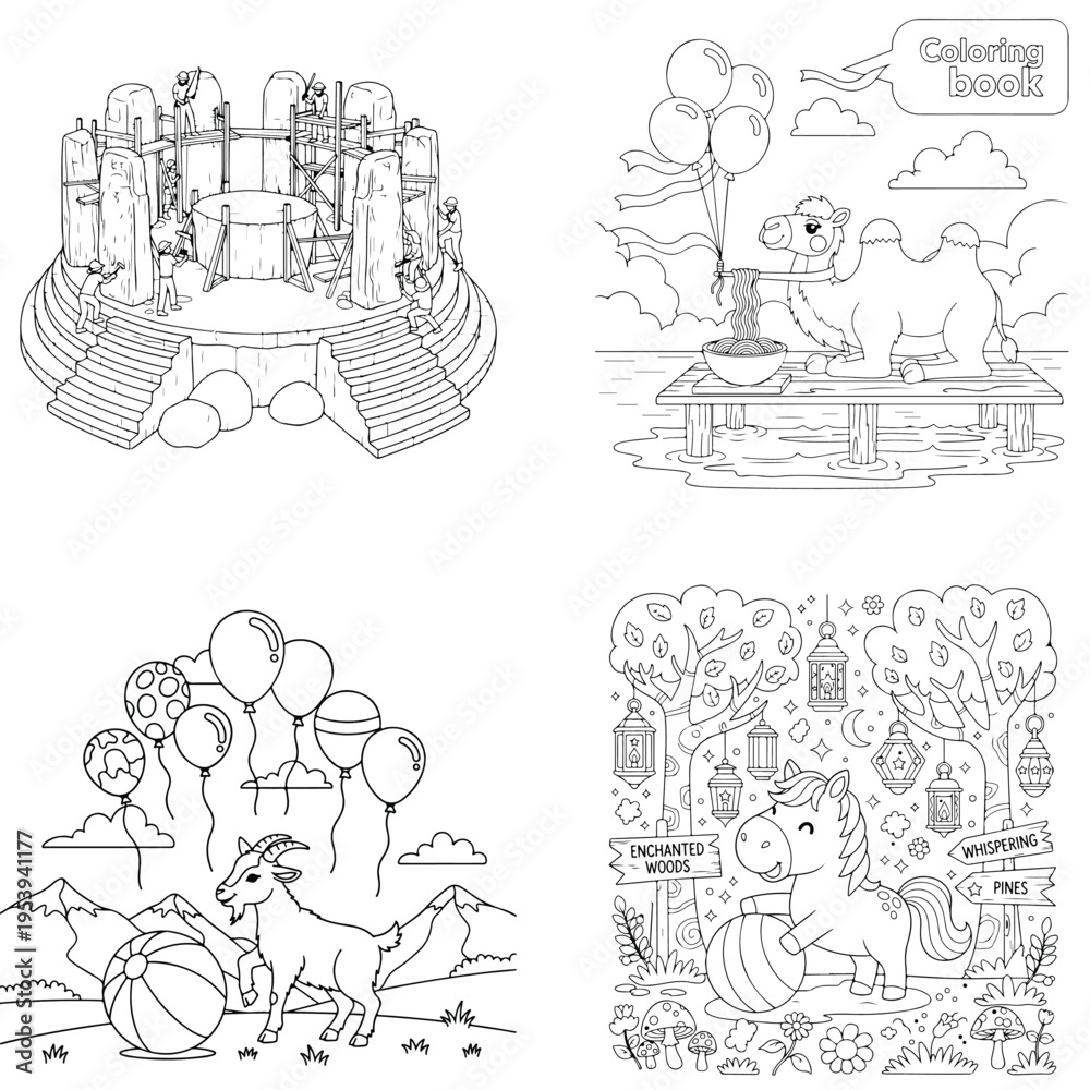Obraz premium Birthday cake and balloons coloring page with animals and celebration elements with line art