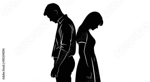 Black silhouette of a couple standing back to back.