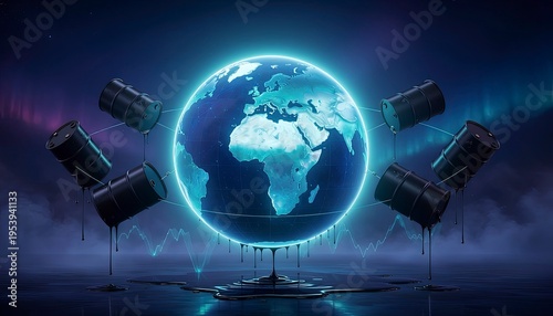 Glowing Earth with Oil Barrels in Abstract Digital Art Representation
