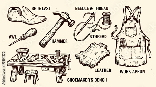 Shoemaker tools set with leather and workbench illustration