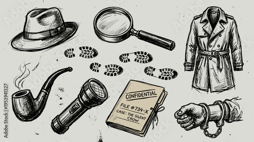 Detective Investigation Tools and Mystery Elements Illustration