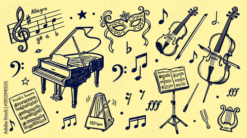 Hand Drawn Classical Music Instruments and Musical Notation Elements