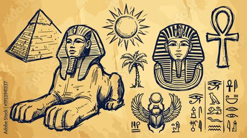 Hand drawn set of ancient Egyptian symbols and monuments on vintage paper background