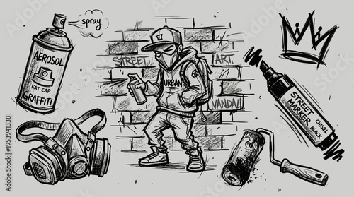 Graffiti artist character with spray paint equipment and street art tools sketch