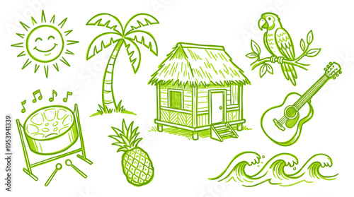 Hand drawn tropical island elements set including beach hut palm tree and exotic fruit
