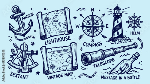 Nautical Exploration Elements Set Featuring Vintage Maps Anchors and Maritime Navigation Tools