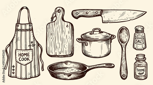 Hand drawn kitchen utensils and cooking tools set illustration