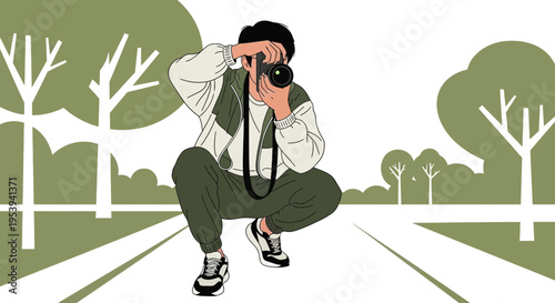 Person crouching with camera in park, capturing nature with vintage style