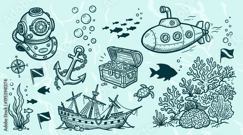 Underwater ocean life and nautical elements doodle set