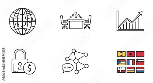 A line-drawn illustration of various geopolitical and business icons on a clean white background, including a globe, meeting, graph, lock, network, and flags, conveying international