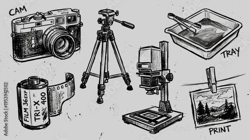 Hand drawn illustration of vintage photography equipment and darkroom tools