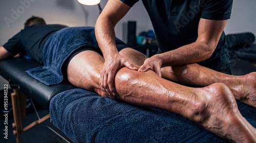 Massage therapist massaging calf muscle of man lying on table. Physical therapy treatment for leg injury. Recovery routine after intense workout. Professional neuromuscular bodywork session.