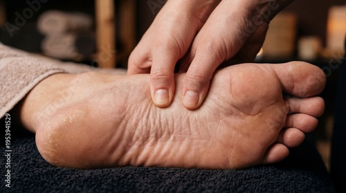 Massage therapist pressing acupuncture point on foot of client. Professional reflexology session at spa salon. Holistic healing therapy for health, relaxation and stress relief concept.