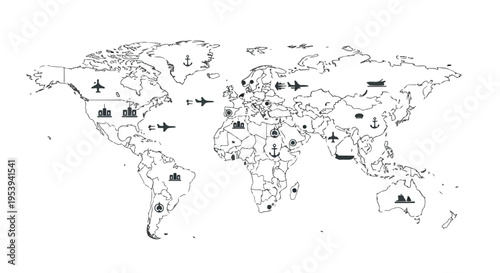 A black and white line drawing of a world map with various symbols on a plain white background, illustrating global geopolitics.