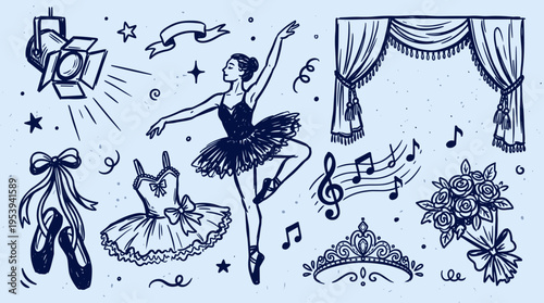 Hand drawn ballet elements set with ballerina and stage accessories