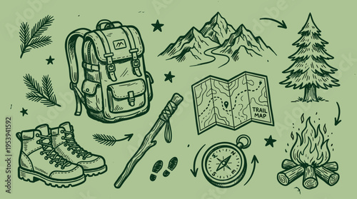 Hand drawn hiking and camping equipment set with mountains and forest elements