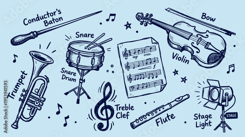 Hand drawn musical instruments and equipment set with notes and symbols