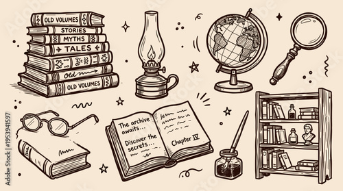 Vintage library elements and antique study objects collection