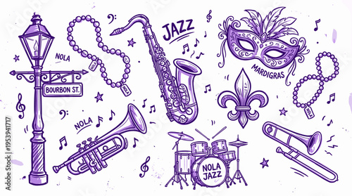 New Orleans Jazz and Mardi Gras Hand Drawn Doodle Set
