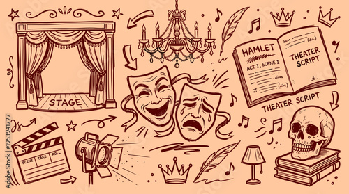 Hand drawn theater and drama performance elements collection
