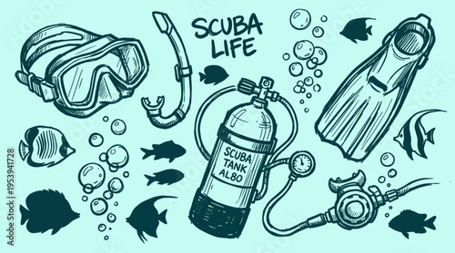 Scuba diving equipment set with mask snorkel fins and oxygen tank illustration
