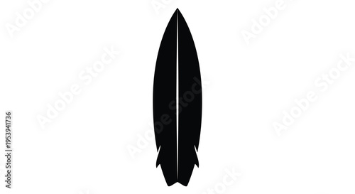 A stark black silhouette of a surfboard is presented against a clean white background