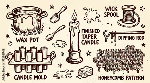 Hand drawn candle making process illustration with tools and supplies