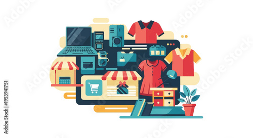Online shopping digital illustration website with products devices