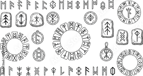 Elder Futhark runes alphabet with circular arrangements and stone carvings, ancient Norse symbols and Viking mystical vector illustration set