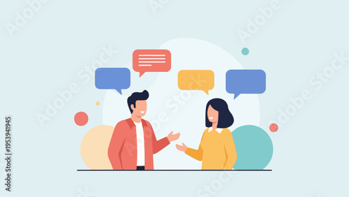 Two people conversing through speech bubbles, representing communication and discussion in a modern, minimalist style