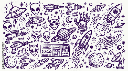 Space doodle set with aliens rockets planets and futuristic technology elements