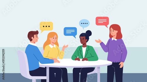 Diverse group of professionals engaged in a lively discussion around a table, fostering collaboration and idea exchange