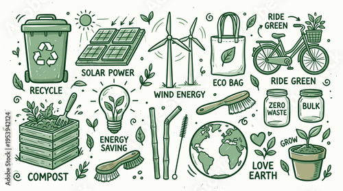 Hand drawn eco friendly lifestyle elements collection for sustainable living and green energy