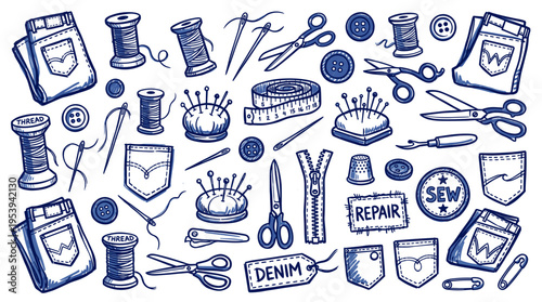 Hand drawn sewing and tailoring tools set with denim pockets and accessories