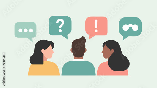 Diverse individuals communicate and share ideas in a collaborative discussion, with speech bubbles symbolizing questions, insights, and ongoing dialogue