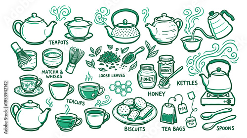 Hand drawn tea time elements collection with teapots cups and biscuits