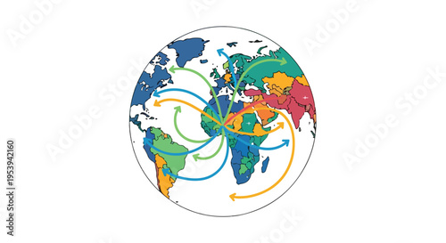 A colorful illustration of a world map with arrows indicating global connections on a white background with a geopolitical theme.