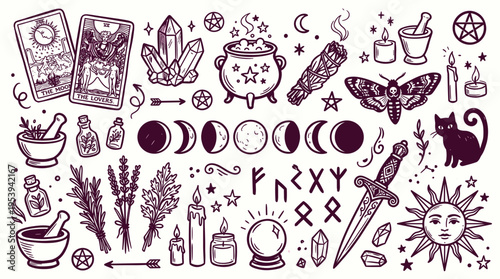Witchcraft and occult magic symbols collection with tarot cards crystals and moon phases