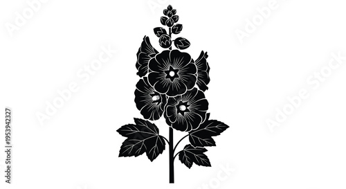 A striking black and white illustration depicts a hollyhock flower with detailed petals and leaves