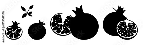 Pomegranate set with solid black silhouette of whole fruit next to half fruit featuring superfruit, botanical, monochrome with white background and illustration